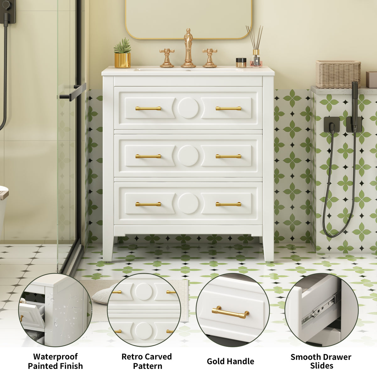 30" Bathroom Vanity with Ceramic Sink Combo, Free Standing Single Vanity Set with 3 Drawers, Solid Wood Frame Storage Cabinet, White