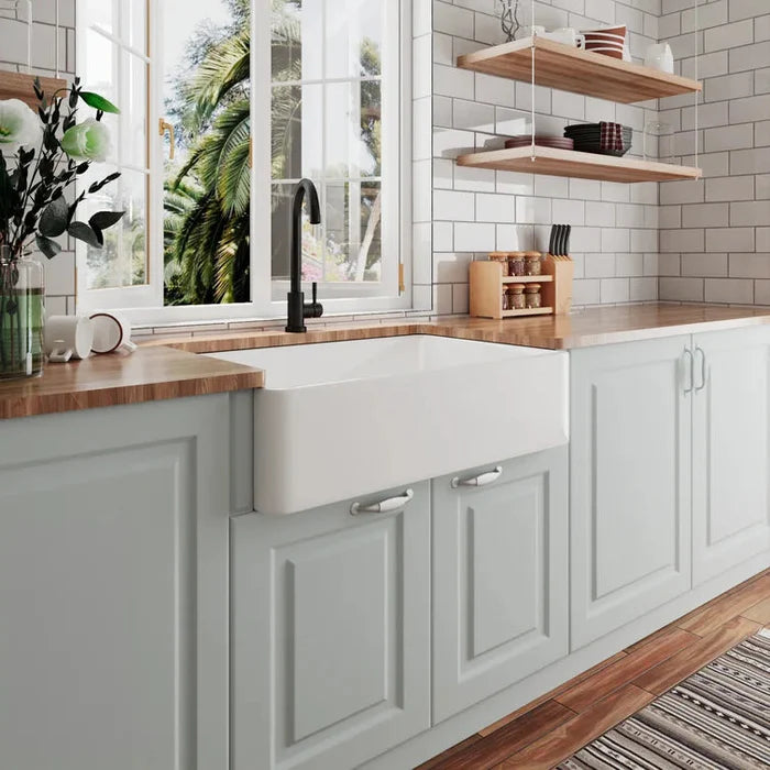 Farmhouse Apron Front Kitchen Sink – Large Single Bowl Fireclay Sink with Bottom Grid & Strainer