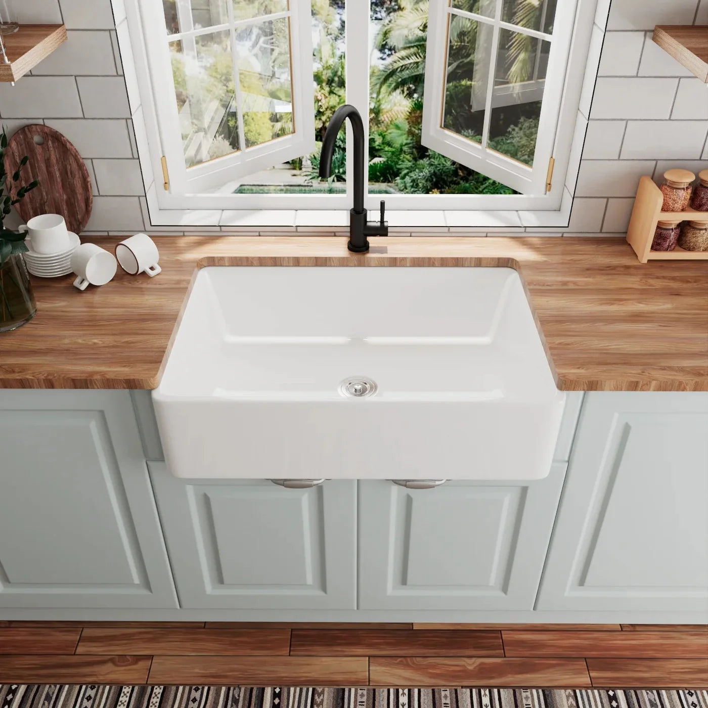 Farmhouse Apron Front Kitchen Sink – Large Single Bowl Fireclay Sink with Bottom Grid & Strainer