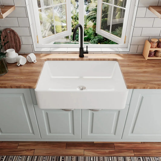 Farmhouse Apron Front Kitchen Sink – Large Single Bowl Fireclay Sink with Bottom Grid & Strainer