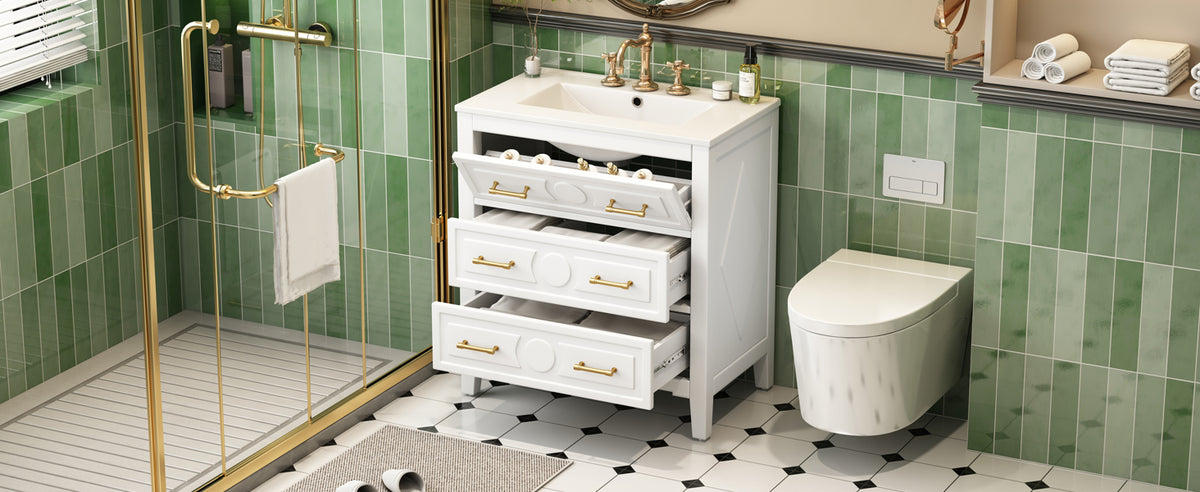 30" Bathroom Vanity with Ceramic Sink Combo, Free Standing Single Vanity Set with 3 Drawers, Solid Wood Frame Storage Cabinet, White