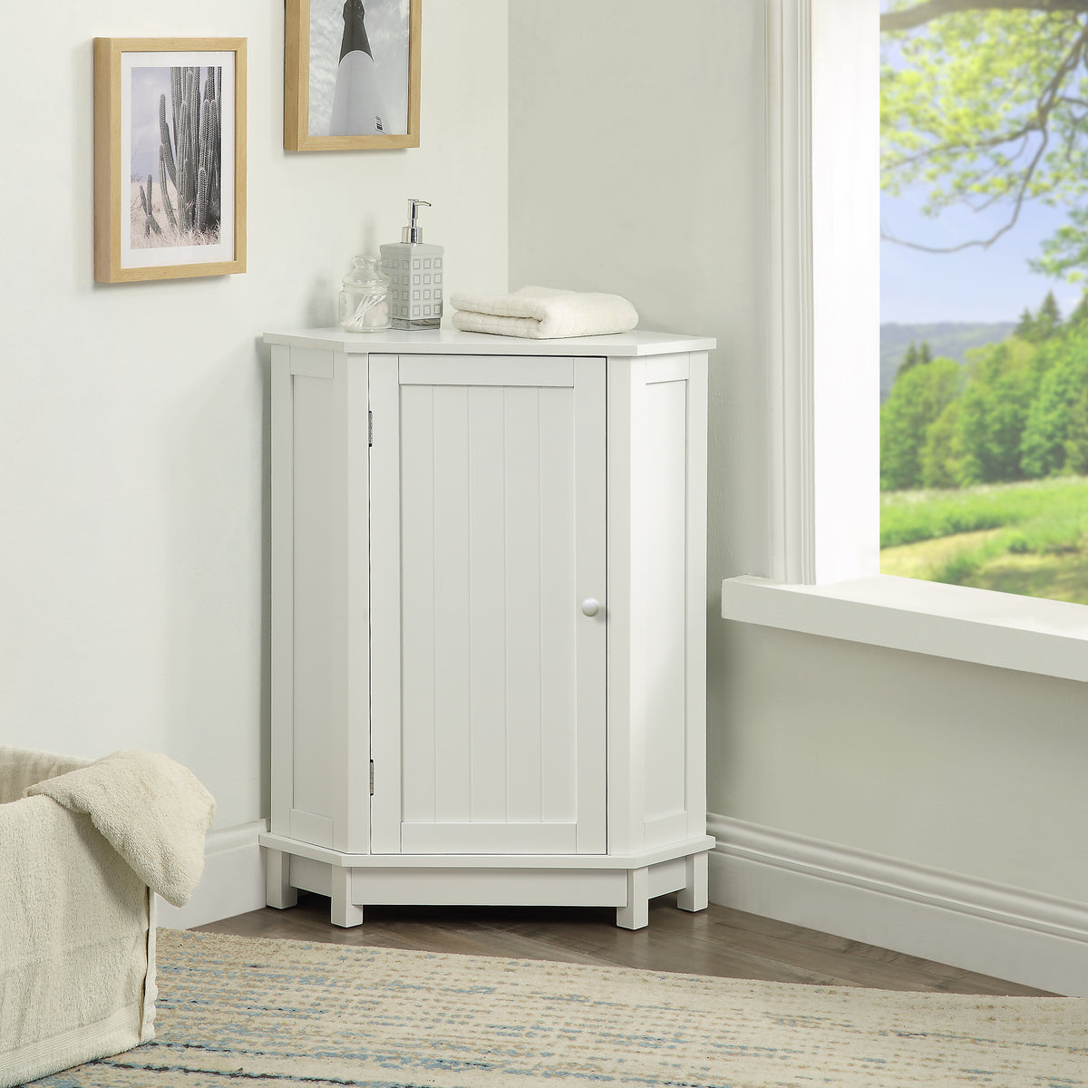 White Bathroom Cabinet Triangle Corner Storage Cabinet with Adjustable Shelf Modern Style MDF Board