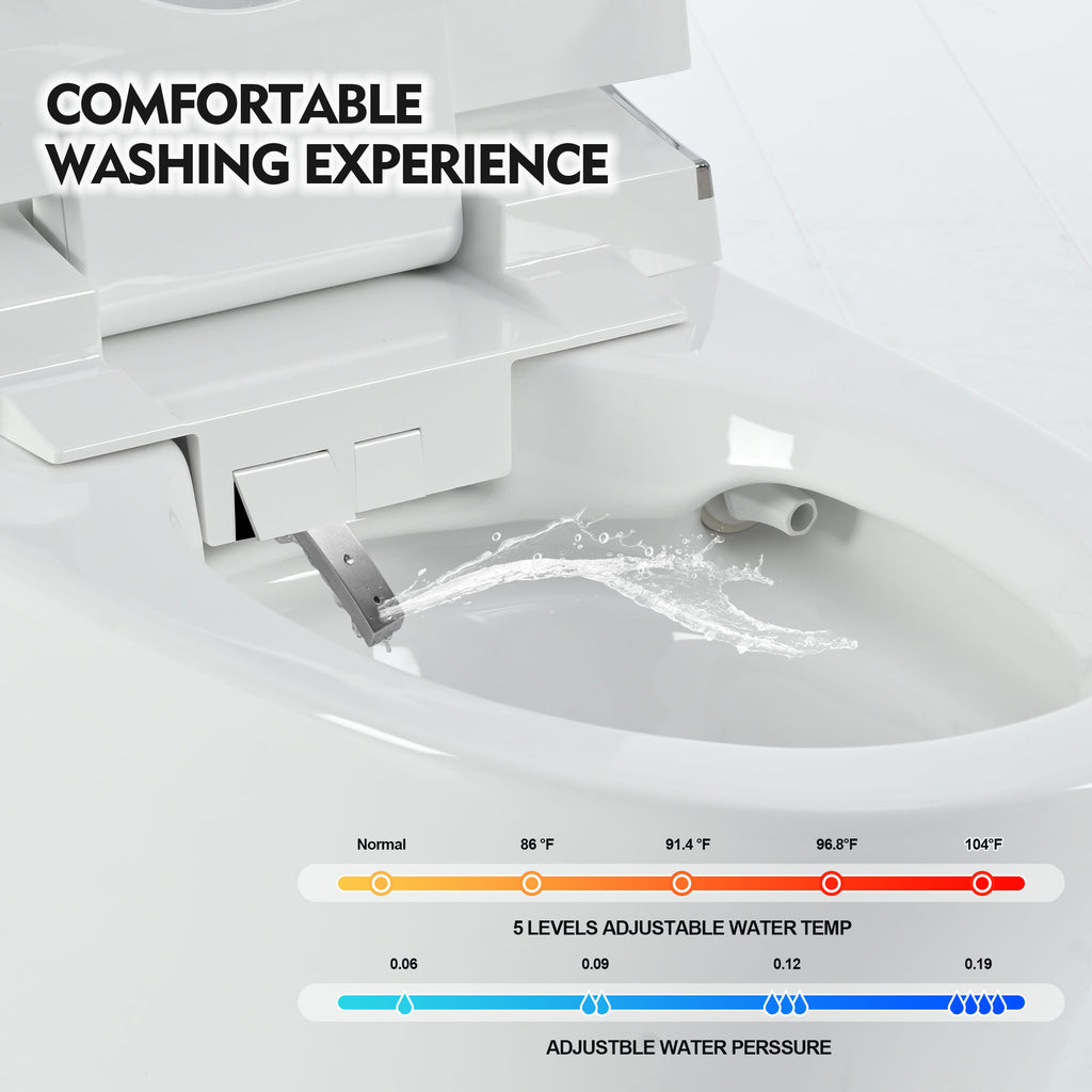 Luxury Smart Toilet with Dryer and warm water, Elongated Bidet Toilet with Heated Seat, with Remote Control, LED Night Light, Power Outage Flushing, Soft Close Cover,Whit