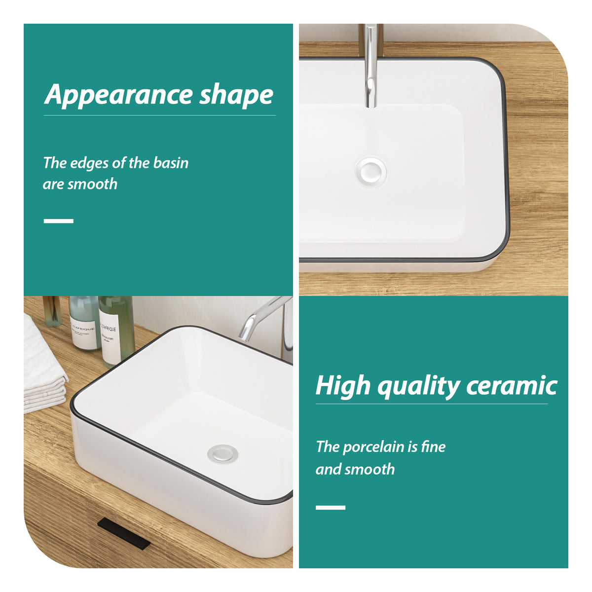 16x12 Inch White Ceramic Rectangular Vessel Bathroom Sink