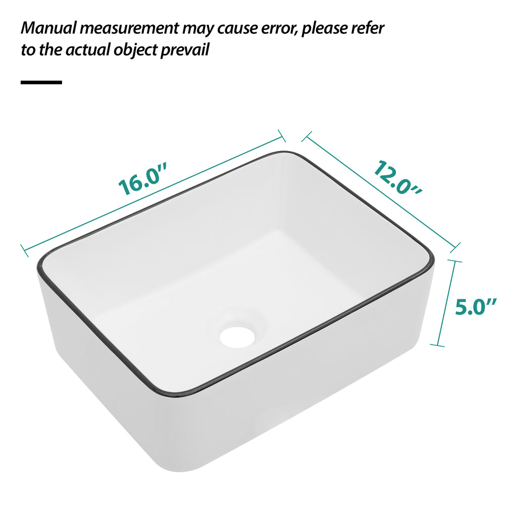 16x12 Inch White Ceramic Rectangular Vessel Bathroom Sink