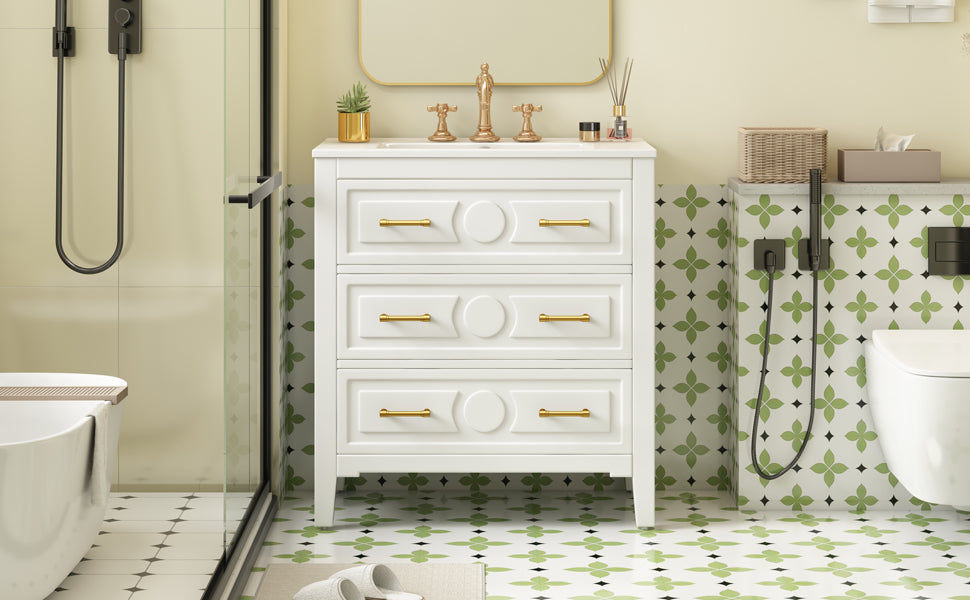 30" Bathroom Vanity with Ceramic Sink Combo, Free Standing Single Vanity Set with 3 Drawers, Solid Wood Frame Storage Cabinet, White
