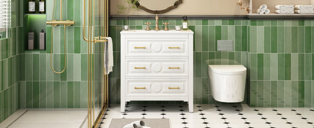 30" Bathroom Vanity with Ceramic Sink Combo, Free Standing Single Vanity Set with 3 Drawers, Solid Wood Frame Storage Cabinet, White