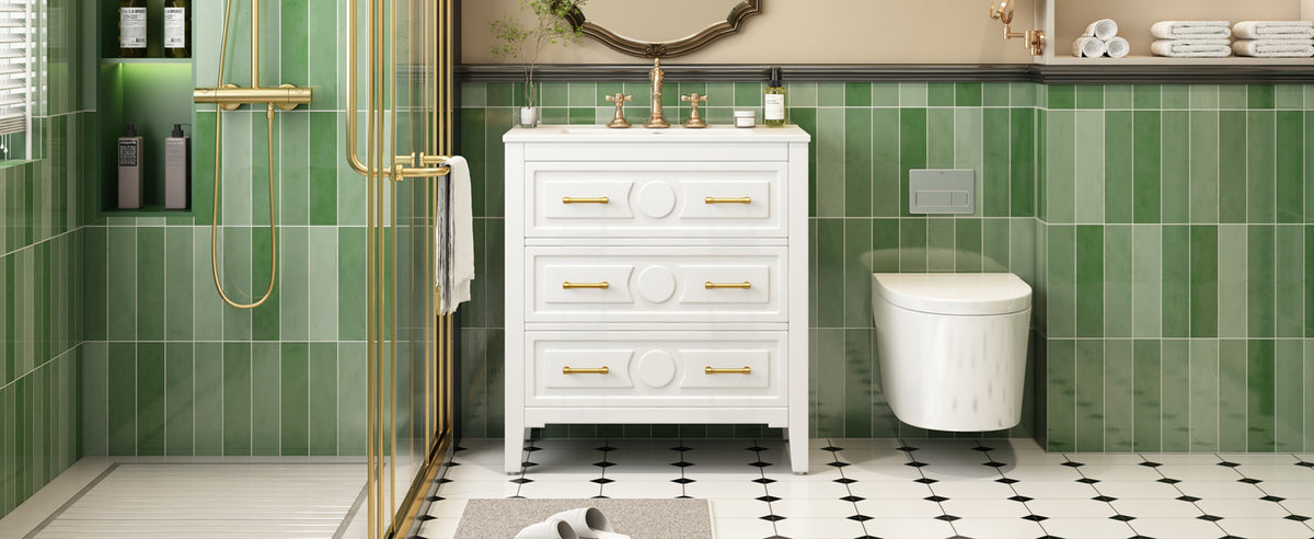 30" Bathroom Vanity with Ceramic Sink Combo, Free Standing Single Vanity Set with 3 Drawers, Solid Wood Frame Storage Cabinet, White
