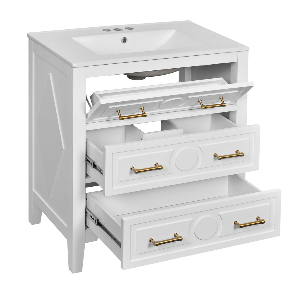 30" Bathroom Vanity with Ceramic Sink Combo, Free Standing Single Vanity Set with 3 Drawers, Solid Wood Frame Storage Cabinet, White