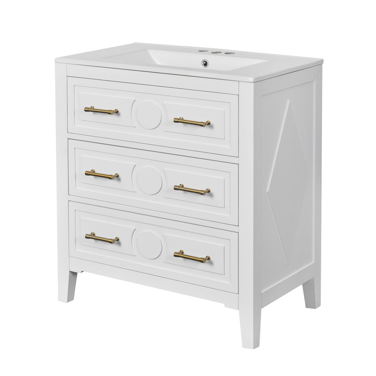 30" Bathroom Vanity with Ceramic Sink Combo, Free Standing Single Vanity Set with 3 Drawers, Solid Wood Frame Storage Cabinet, White