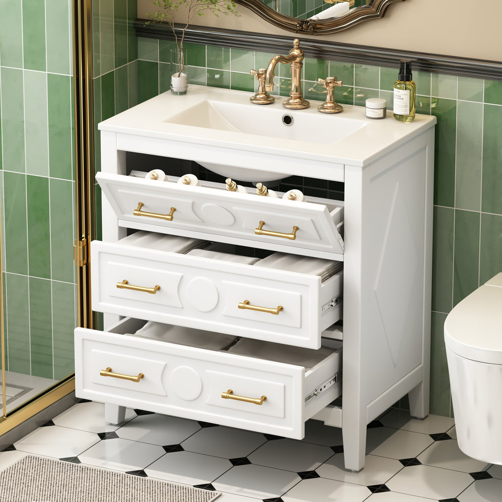 30" Bathroom Vanity with Ceramic Sink Combo, Free Standing Single Vanity Set with 3 Drawers, Solid Wood Frame Storage Cabinet, White