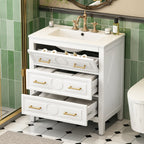 30" Bathroom Vanity with Ceramic Sink Combo, Free Standing Single Vanity Set with 3 Drawers, Solid Wood Frame Storage Cabinet, White