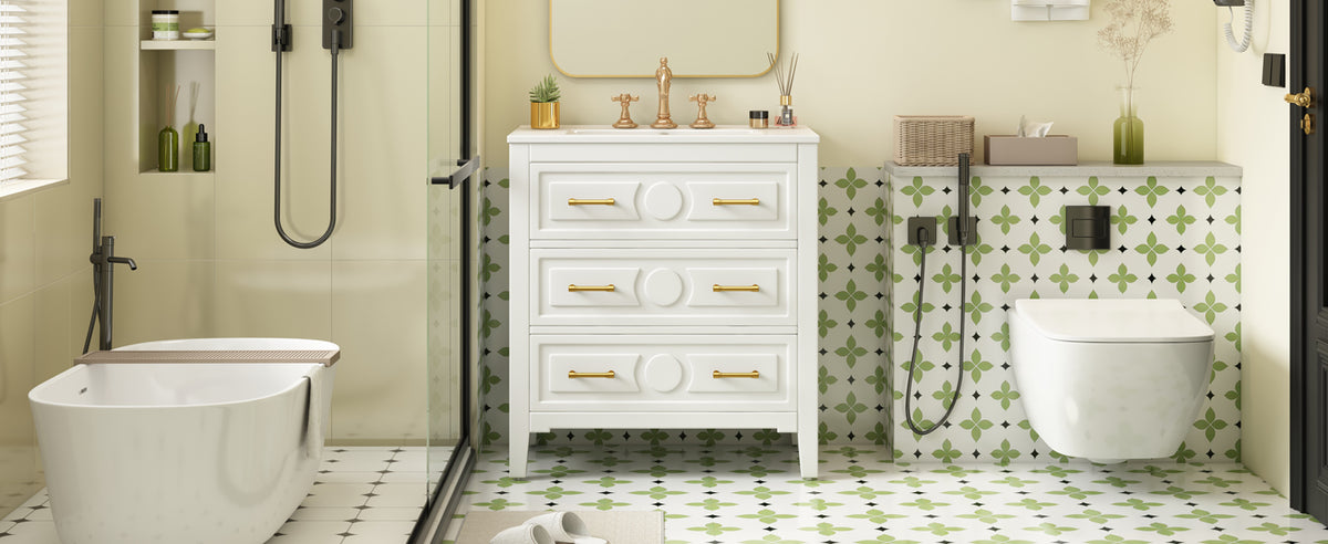 30" Bathroom Vanity with Ceramic Sink Combo, Free Standing Single Vanity Set with 3 Drawers, Solid Wood Frame Storage Cabinet, White