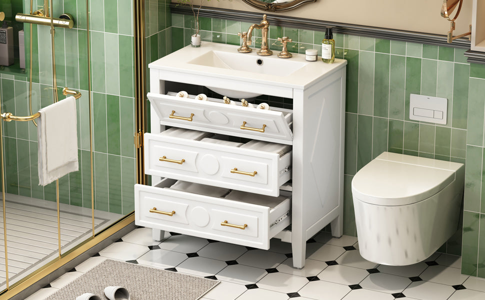 30" Bathroom Vanity with Ceramic Sink Combo, Free Standing Single Vanity Set with 3 Drawers, Solid Wood Frame Storage Cabinet, White