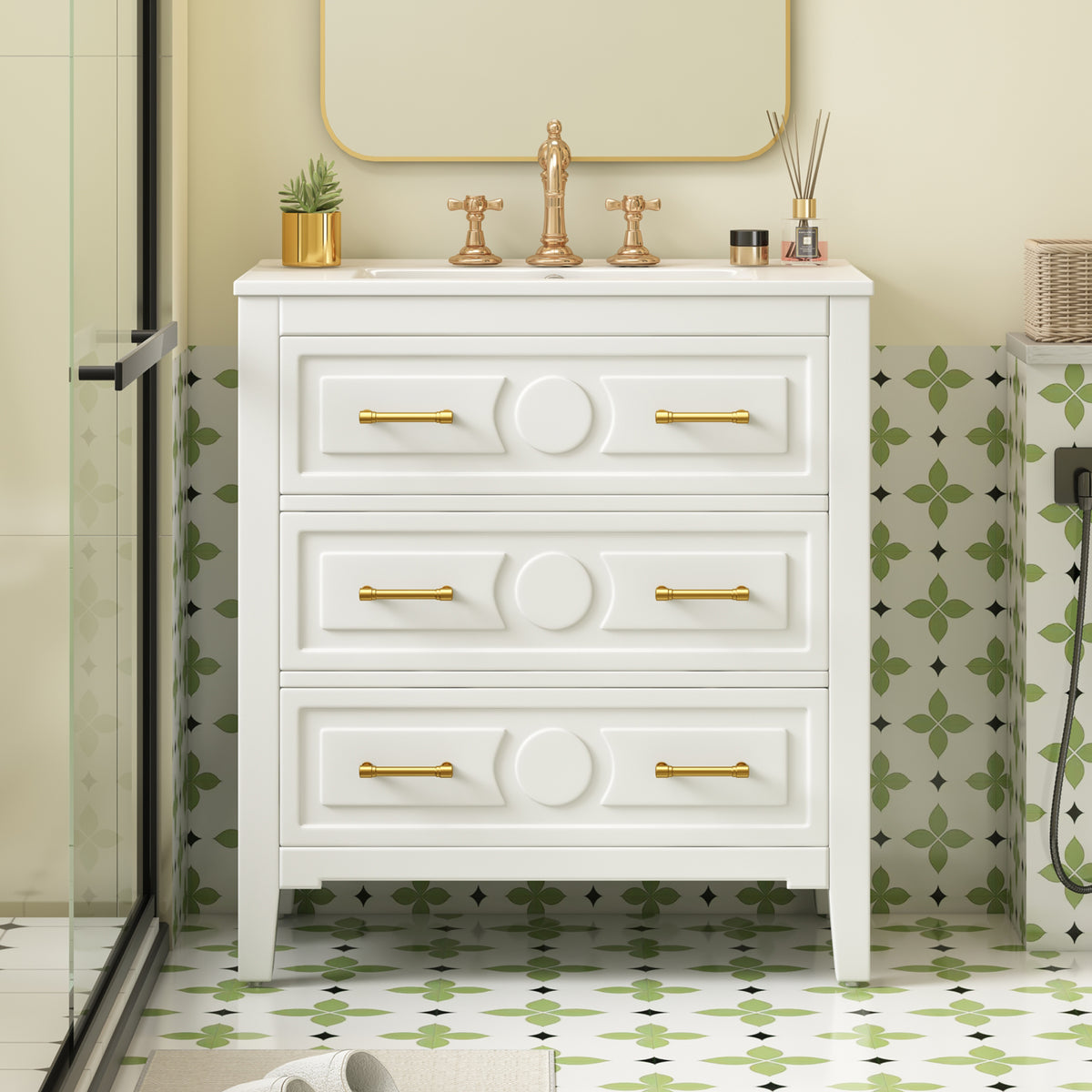 30" Bathroom Vanity with Ceramic Sink Combo, Free Standing Single Vanity Set with 3 Drawers, Solid Wood Frame Storage Cabinet, White