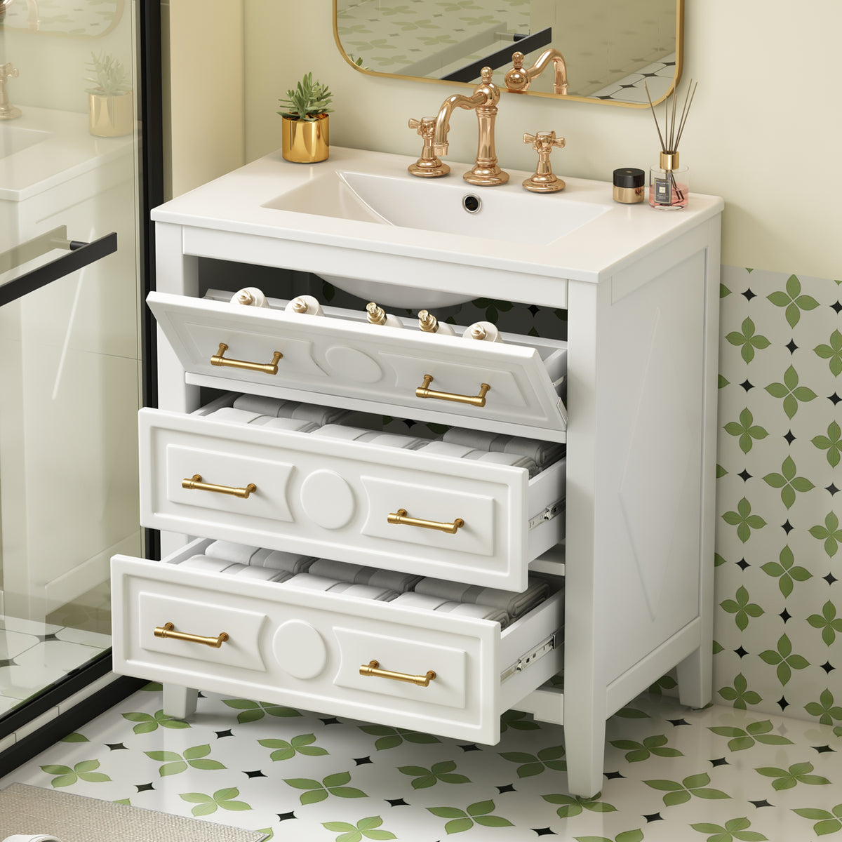 30" Bathroom Vanity with Ceramic Sink Combo, Free Standing Single Vanity Set with 3 Drawers, Solid Wood Frame Storage Cabinet, White