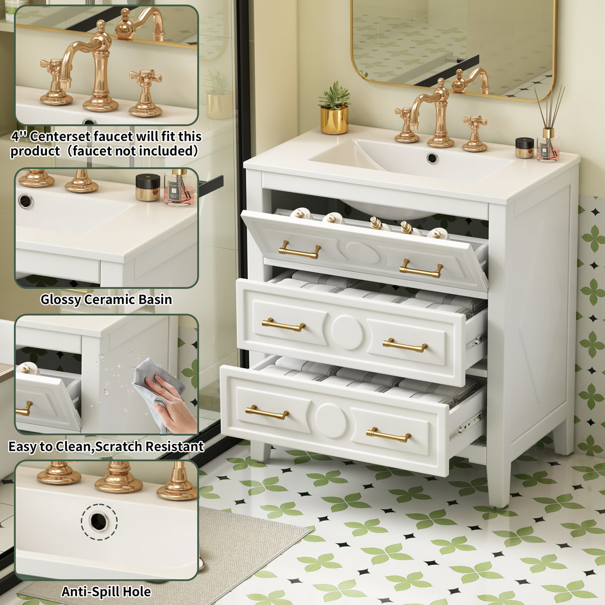30" Bathroom Vanity with Ceramic Sink Combo, Free Standing Single Vanity Set with 3 Drawers, Solid Wood Frame Storage Cabinet, White