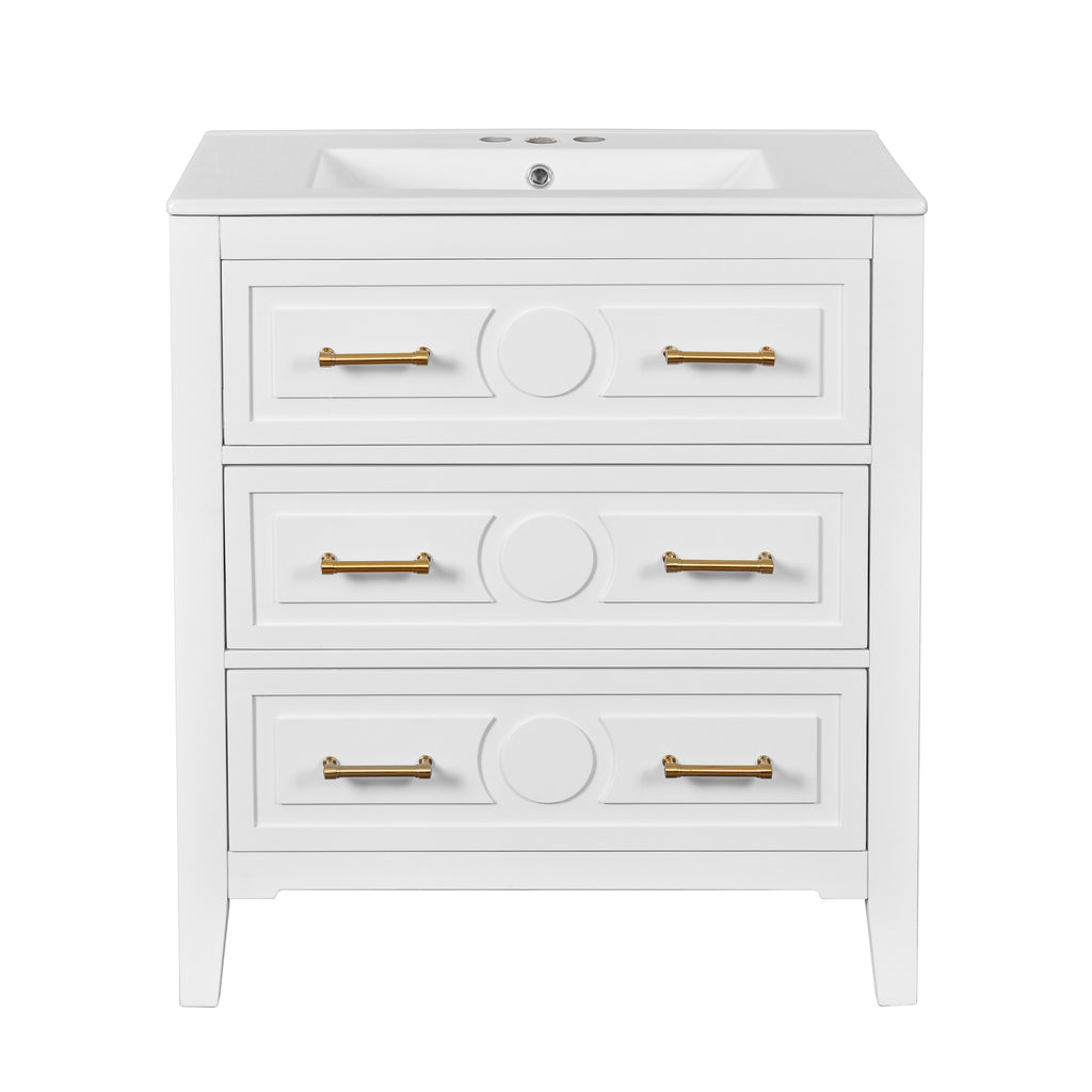 30" Bathroom Vanity with Ceramic Sink Combo, Free Standing Single Vanity Set with 3 Drawers, Solid Wood Frame Storage Cabinet, White