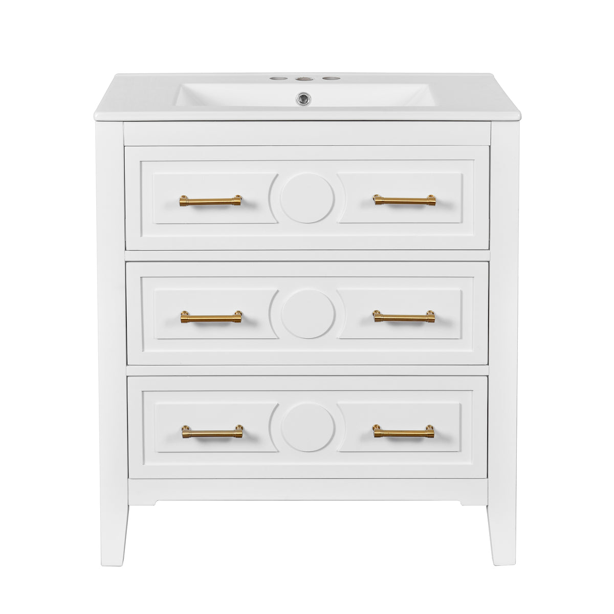 30" Bathroom Vanity with Ceramic Sink Combo, Free Standing Single Vanity Set with 3 Drawers, Solid Wood Frame Storage Cabinet, White