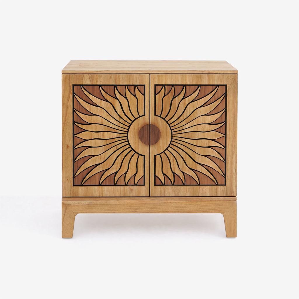 Lola Natural Oak Sunburst Carved 2 Door Storage Cabinet, Wooden Accent Sideboard Cabinet