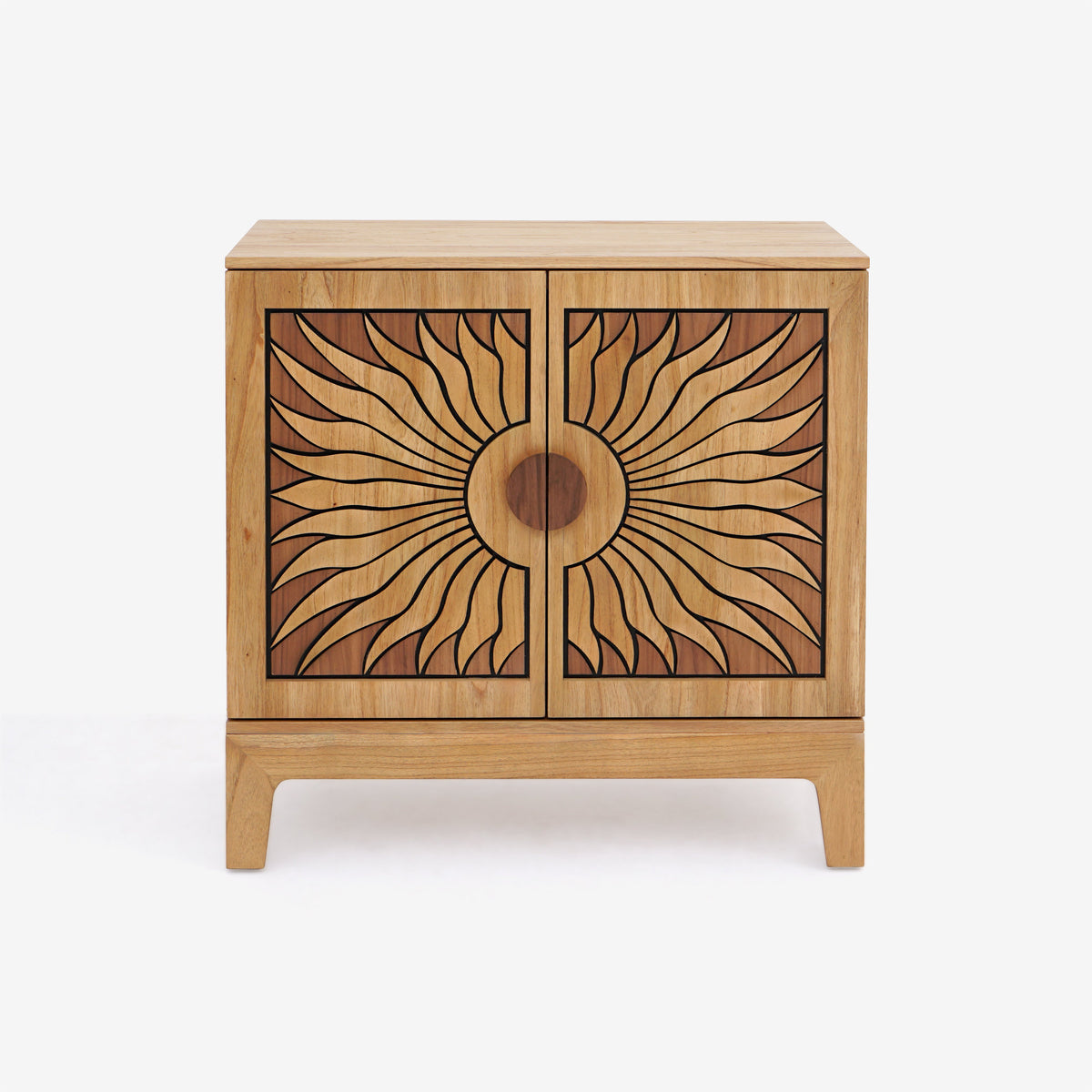 Lola Natural Oak Sunburst Carved 2 Door Storage Cabinet, Wooden Accent Sideboard Cabinet