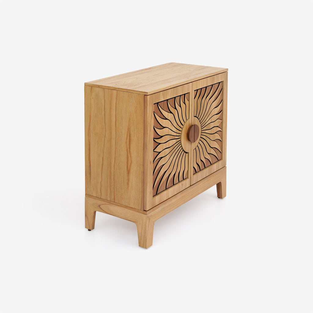 Lola Natural Oak Sunburst Carved 2 Door Storage Cabinet, Wooden Accent Sideboard Cabinet