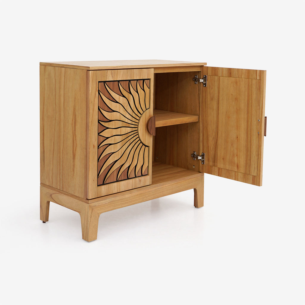 Lola Natural Oak Sunburst Carved 2 Door Storage Cabinet, Wooden Accent Sideboard Cabinet