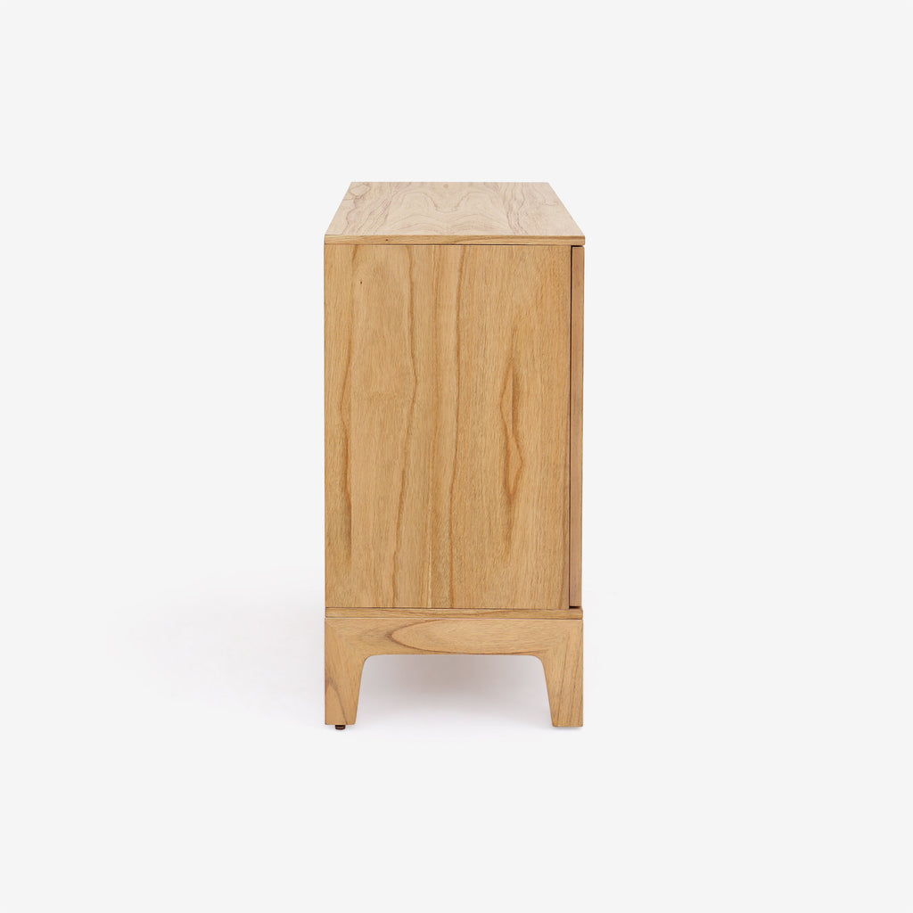 Lola Natural Oak Sunburst Carved 2 Door Storage Cabinet, Wooden Accent Sideboard Cabinet