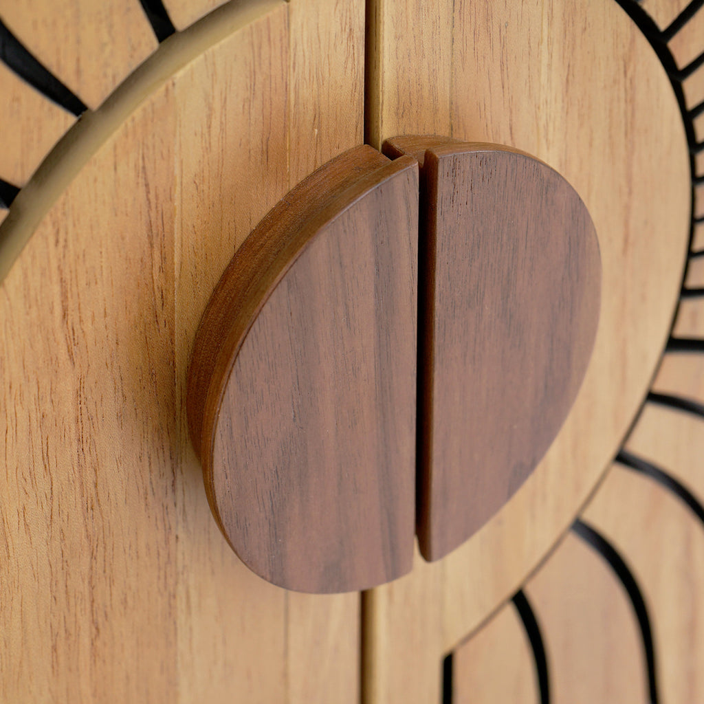 Lola Natural Oak Sunburst Carved 2 Door Storage Cabinet, Wooden Accent Sideboard Cabinet