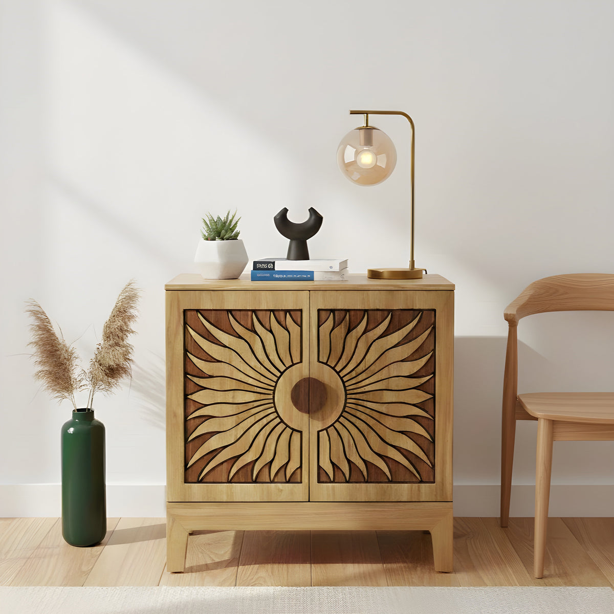 Lola Natural Oak Sunburst Carved 2 Door Storage Cabinet, Wooden Accent Sideboard Cabinet
