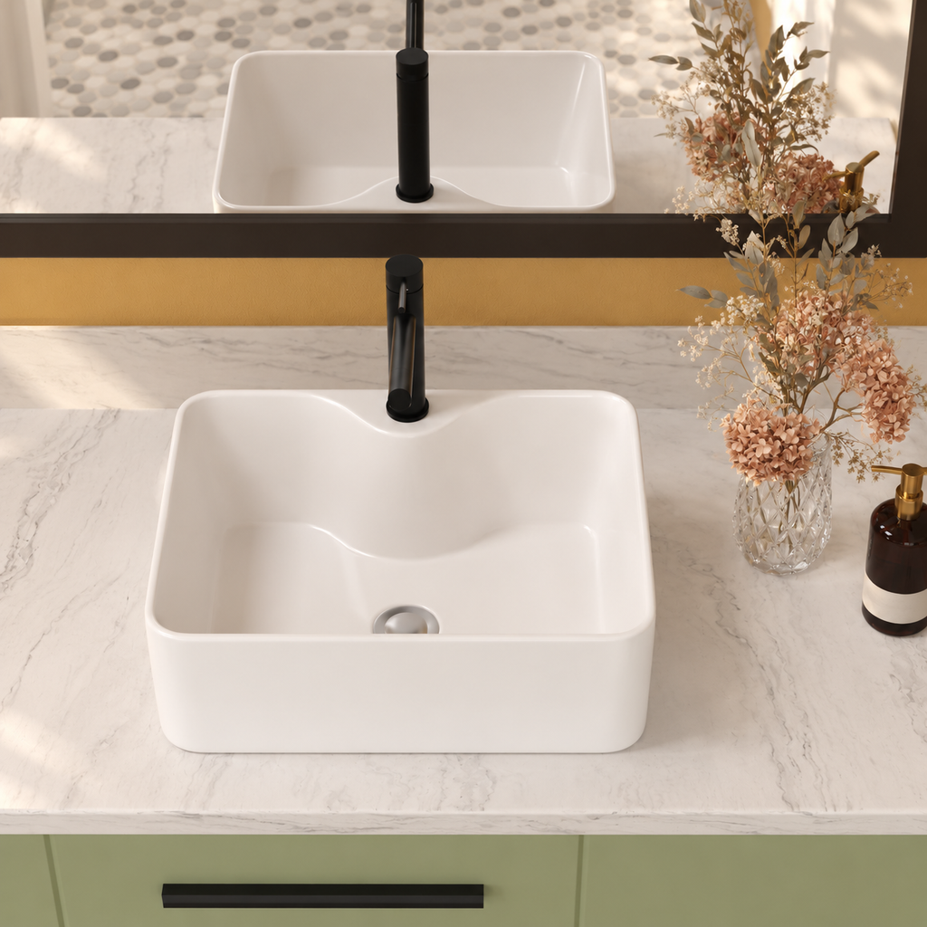Premium White Ceramic 16 in Rectangular Vessel Sink Faucet Hole Easy Clean Bathroom Countertop Wash Basin