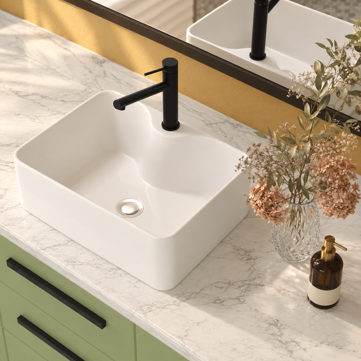 Premium White Ceramic 16 in Rectangular Vessel Sink Faucet Hole Easy Clean Bathroom Countertop Wash Basin