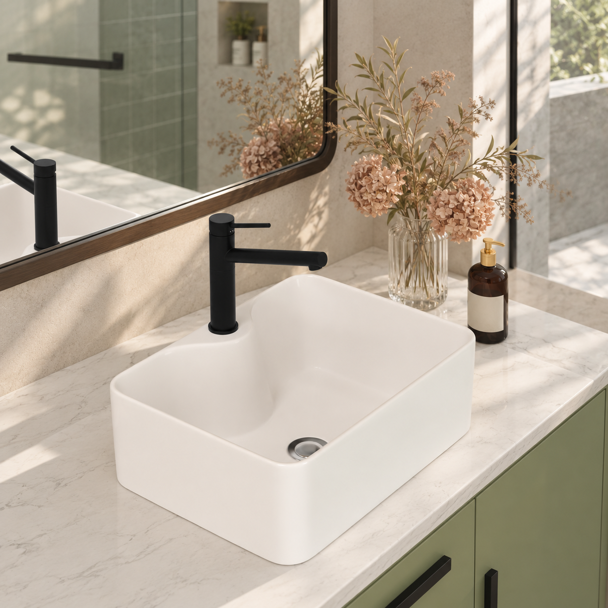 Premium White Ceramic 16 in Rectangular Vessel Sink Faucet Hole Easy Clean Bathroom Countertop Wash Basin