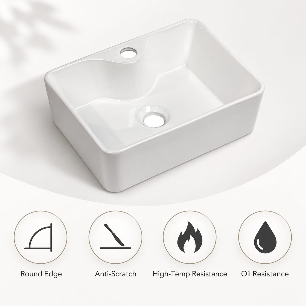 Premium White Ceramic 16 in Rectangular Vessel Sink Faucet Hole Easy Clean Bathroom Countertop Wash Basin