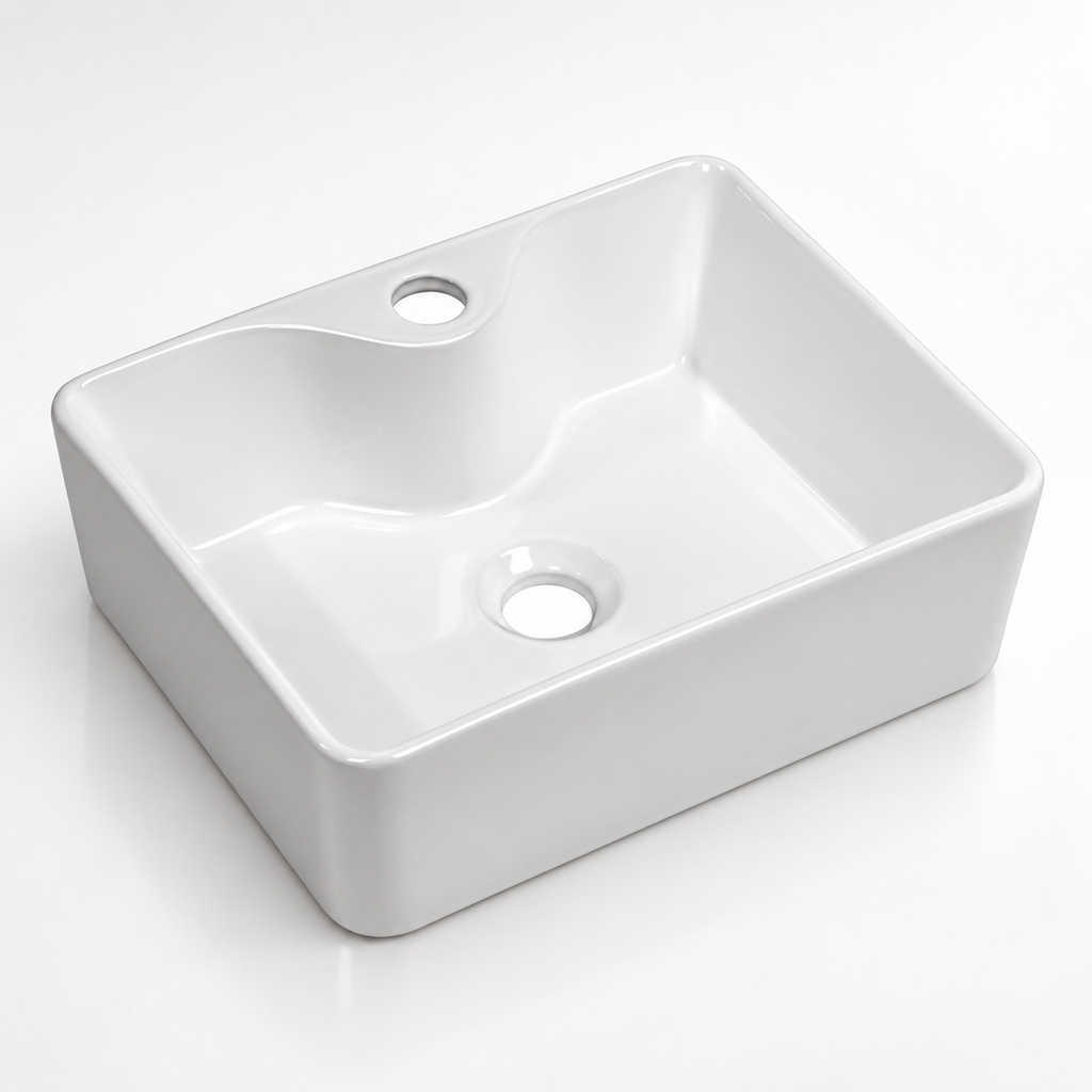 Premium White Ceramic 16 in Rectangular Vessel Sink Faucet Hole Easy Clean Bathroom Countertop Wash Basin