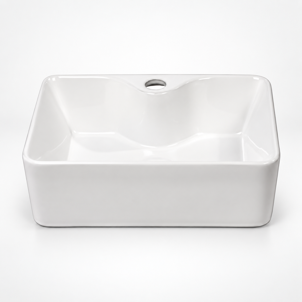Premium White Ceramic 16 in Rectangular Vessel Sink Faucet Hole Easy Clean Bathroom Countertop Wash Basin