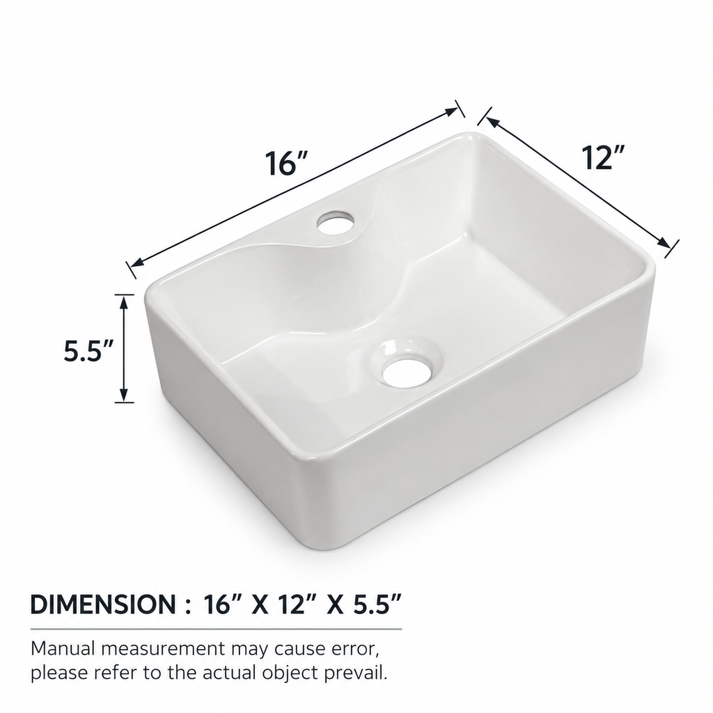 Premium White Ceramic 16 in Rectangular Vessel Sink Faucet Hole Easy Clean Bathroom Countertop Wash Basin