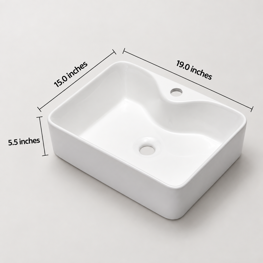 18 Inch Durable Premium White Ceramic Bathroom Sink, Modern Rectangular Vessel Sink with Faucet Hole, Easy‑Clean Countertop