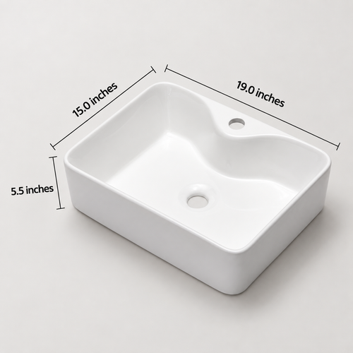 18 Inch Durable Premium White Ceramic Bathroom Sink, Modern Rectangular Vessel Sink with Faucet Hole, Easy‑Clean Countertop