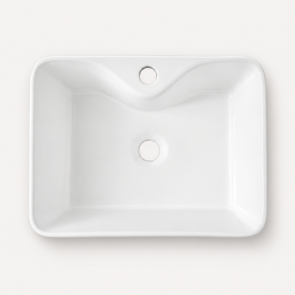 18 Inch Durable Premium White Ceramic Bathroom Sink, Modern Rectangular Vessel Sink with Faucet Hole, Easy‑Clean Countertop