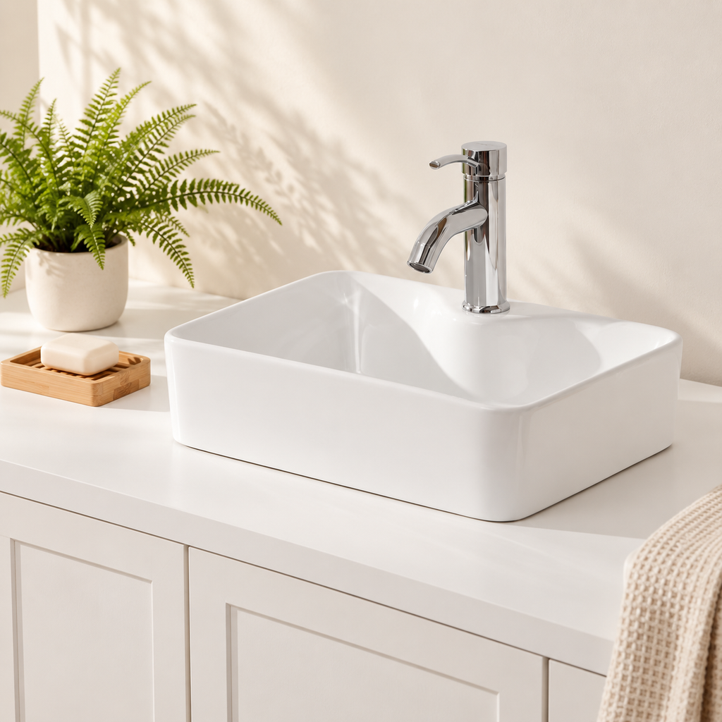 18 Inch Durable Premium White Ceramic Bathroom Sink, Modern Rectangular Vessel Sink with Faucet Hole, Easy‑Clean Countertop