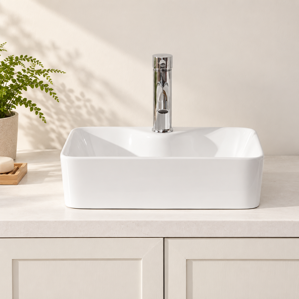 18 Inch Durable Premium White Ceramic Bathroom Sink, Modern Rectangular Vessel Sink with Faucet Hole, Easy‑Clean Countertop