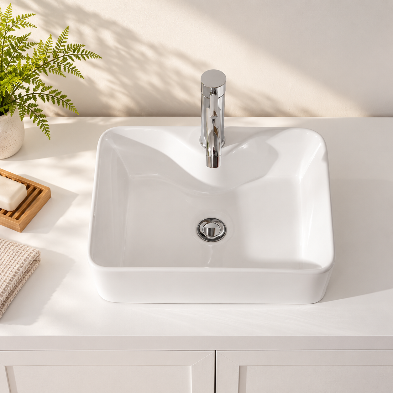 18 Inch Durable Premium White Ceramic Bathroom Sink, Modern Rectangular Vessel Sink with Faucet Hole, Easy‑Clean Countertop
