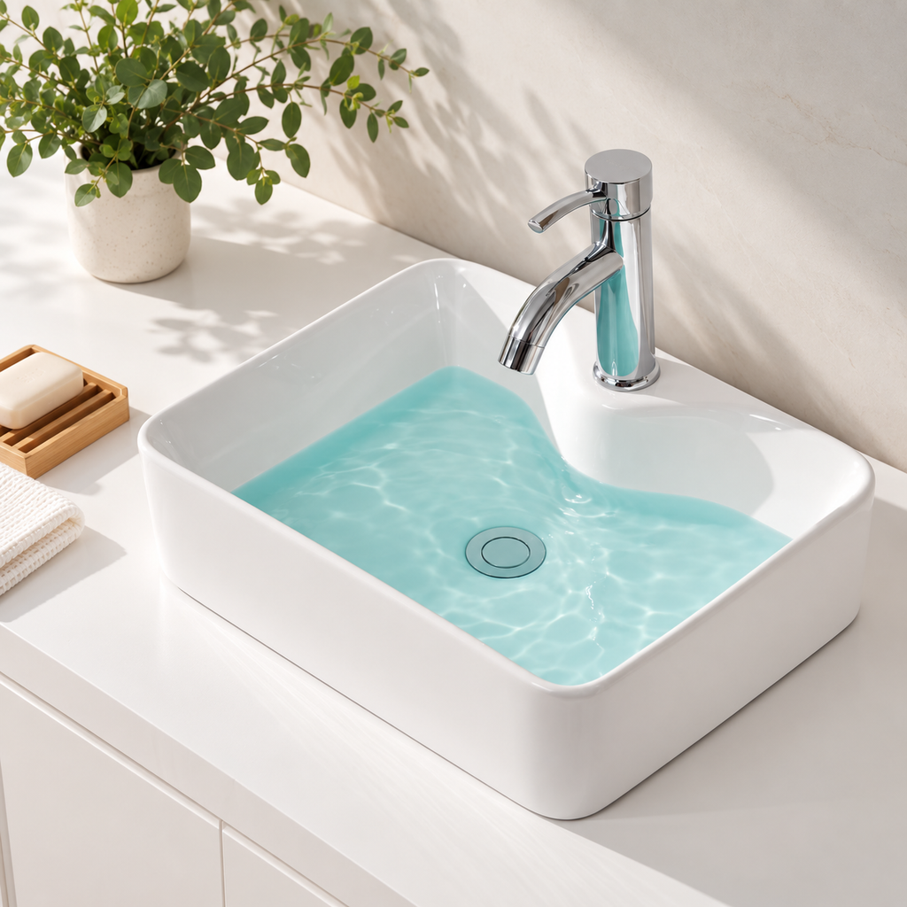 18 Inch Durable Premium White Ceramic Bathroom Sink, Modern Rectangular Vessel Sink with Faucet Hole, Easy‑Clean Countertop