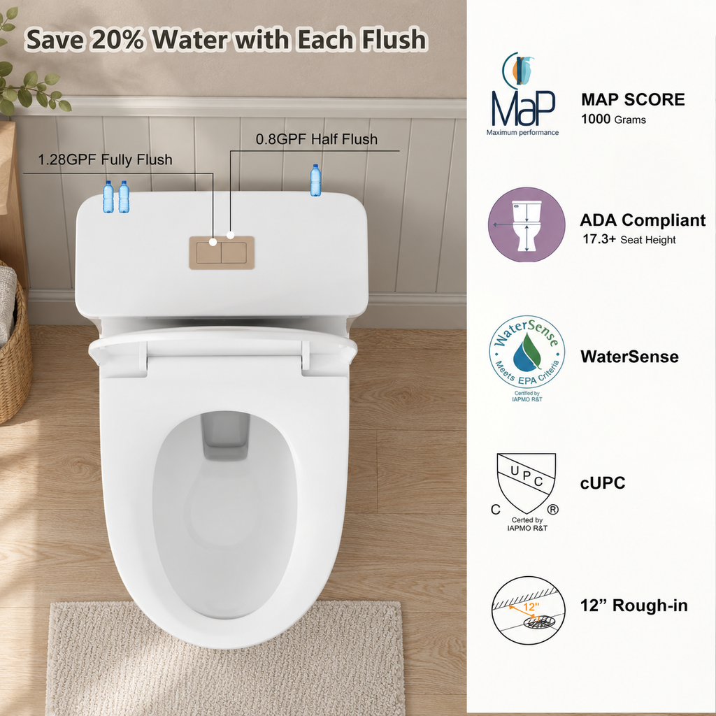 One Piece Ceramic Toilet 1.28 0.8 GPF Dual Siphonic Flush ADA Comfort Height Rimless Soft Close Seat Gloss White