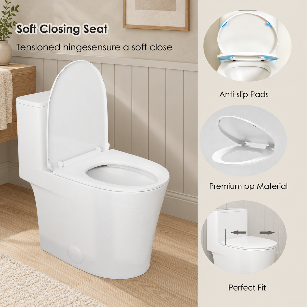 One Piece Ceramic Toilet 1.28 0.8 GPF Dual Siphonic Flush ADA Comfort Height Rimless Soft Close Seat Gloss White