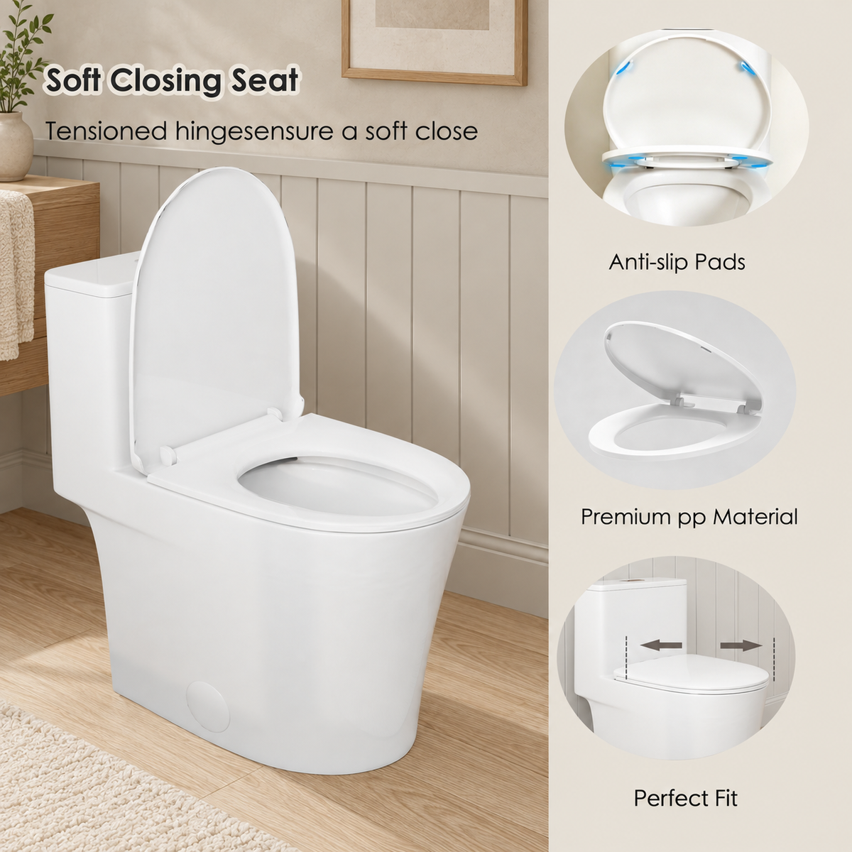 One Piece Ceramic Toilet 1.28 0.8 GPF Dual Siphonic Flush ADA Comfort Height Rimless Soft Close Seat Gloss White