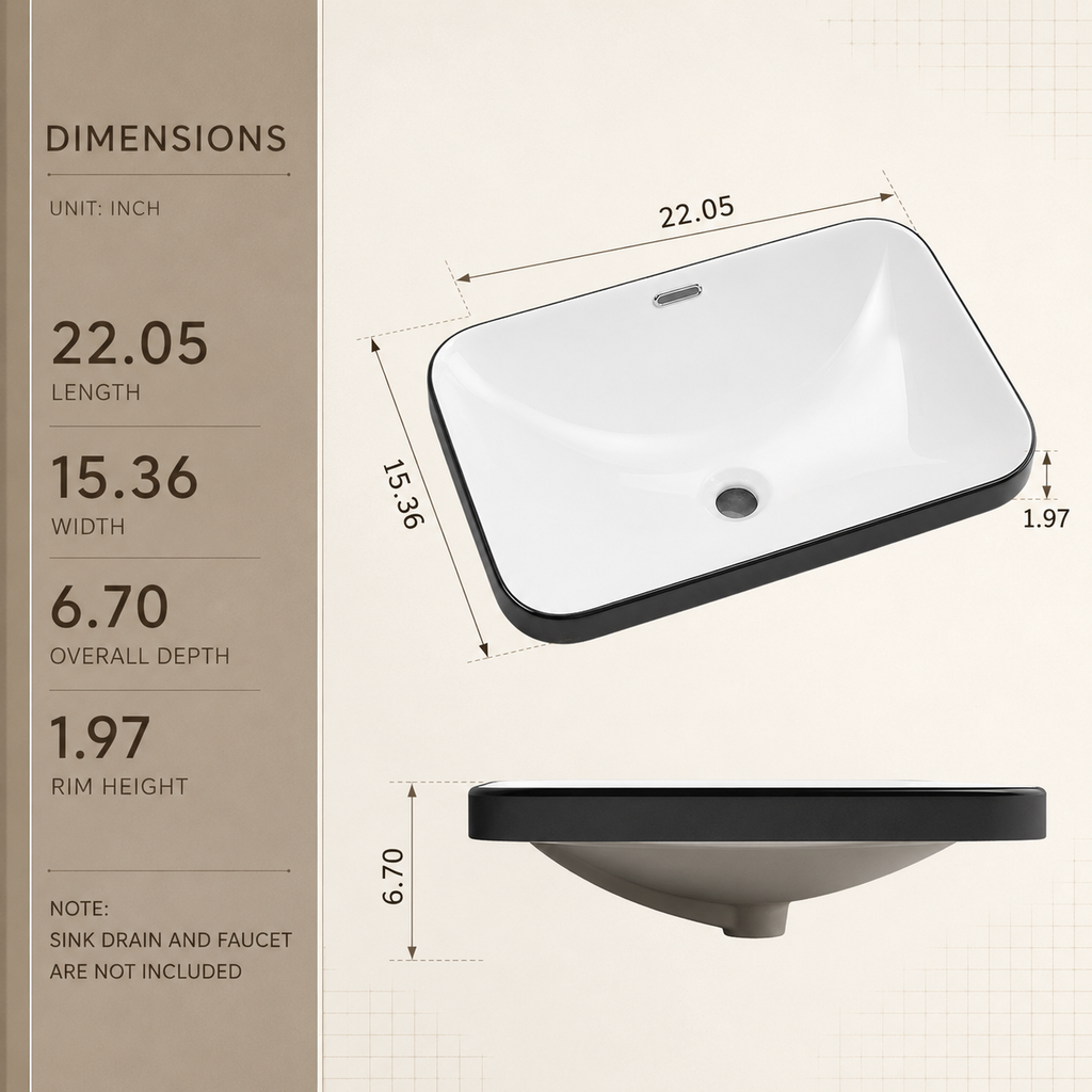 White Porcelain Ceramic Undermount Sink 22.05 in Seamless Design Vanity Countertop Bathroom Basin