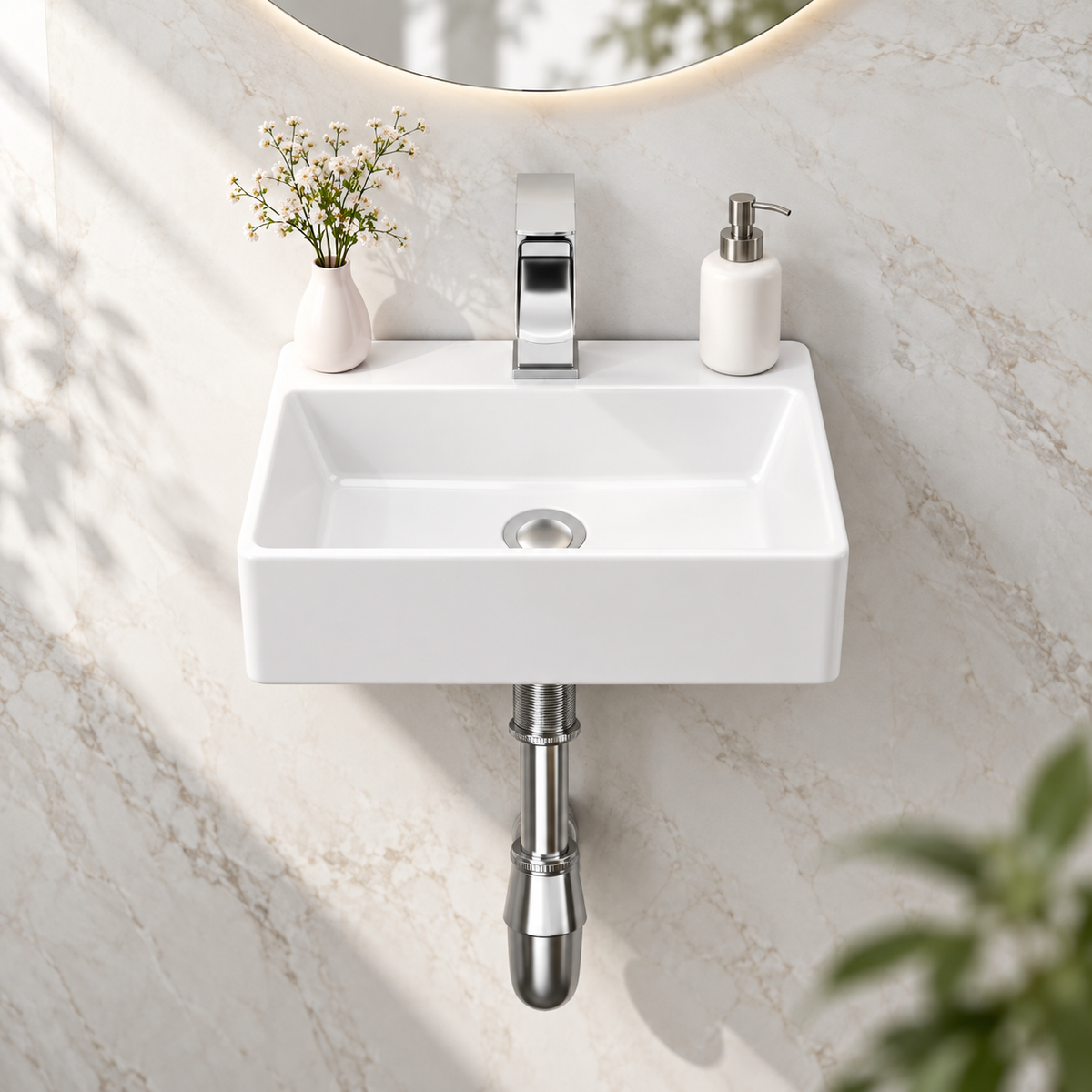 13.6x11.6 Inch White Rectangular Ceramic Wall Mount Bathroom Sink with Single Faucet Hole