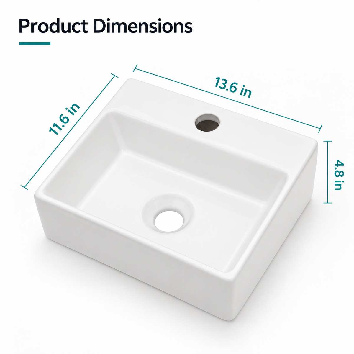 13.6x11.6 Inch White Rectangular Ceramic Wall Mount Bathroom Sink with Single Faucet Hole